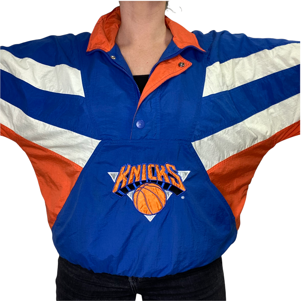Vintage 90s New York Knicks Orange Blue White Pullover Starter