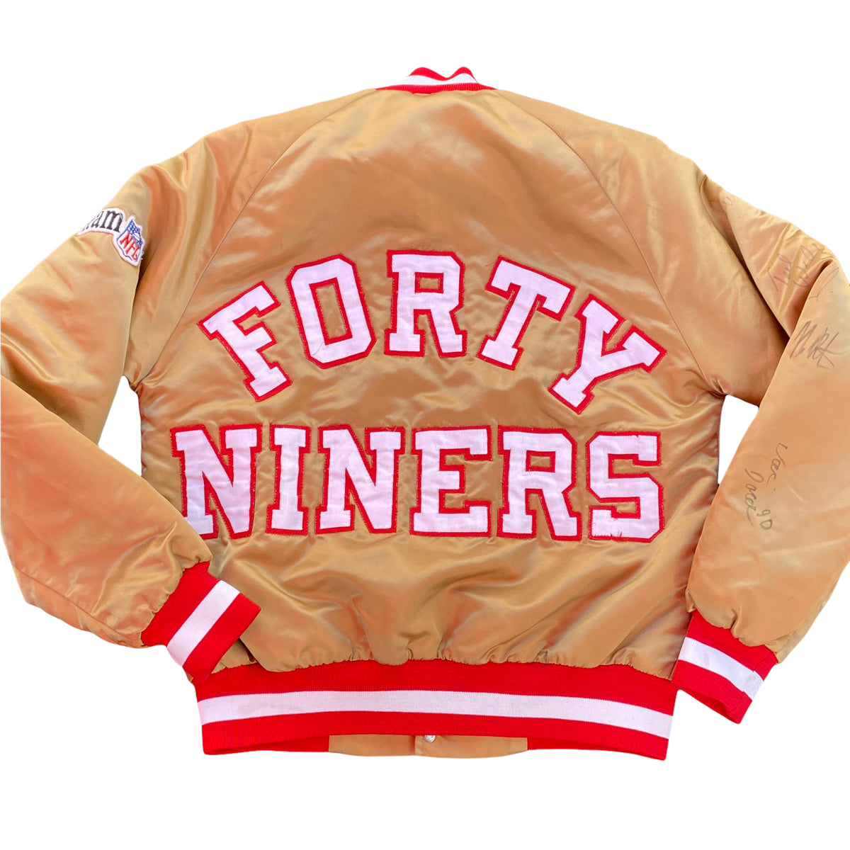 Buy the Vintage San Francisco 49ers Gold Satin Jacket XL Bomber Chalk Line