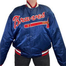 Load image into Gallery viewer, Vintage 1980s Atlanta Braves Satin Bomber Starter Jacket SPELL OUT - XXL