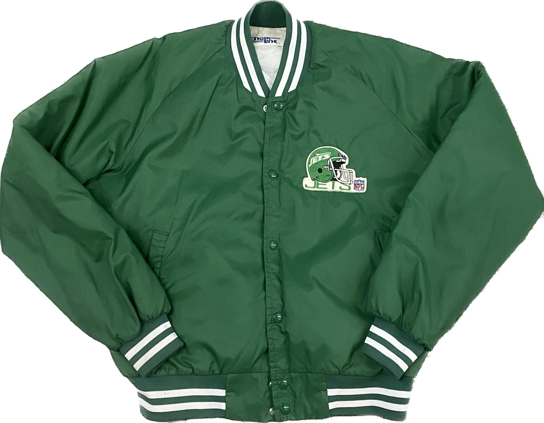 Vintage 1980s New York NY Jets Old Logo Chalk Line MATTE (not shiny) Satin Bomber Jacket - Size Men’s Large