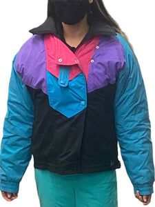 Vintage 80s Neon Turquoise Pink Purple Ski & Snow Jacket - Size Women's Medium