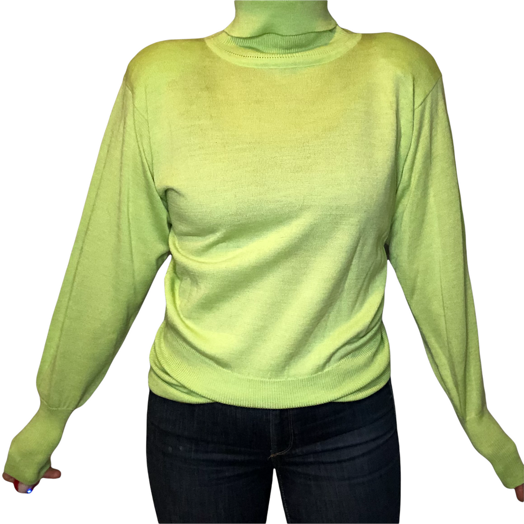 Vintage 80s Lime Green Ski Sweater TURTLENECK With Shoulder Pads