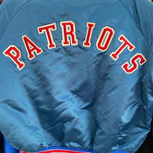 Vintage 1980s New England Patriots Old Logo Chalk Line Satin Bomber Jacket SPELL OUT - L