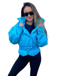 Vintage 80s Neon Bright Turquoise Ski & Snow Jacket with Shoulder Pads! - Size Small