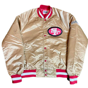 Vintage 80s San Francisco SF 49ers Chalk Line Satin Bomber Jacket SPELL OUT with Autographs!! - Size Small