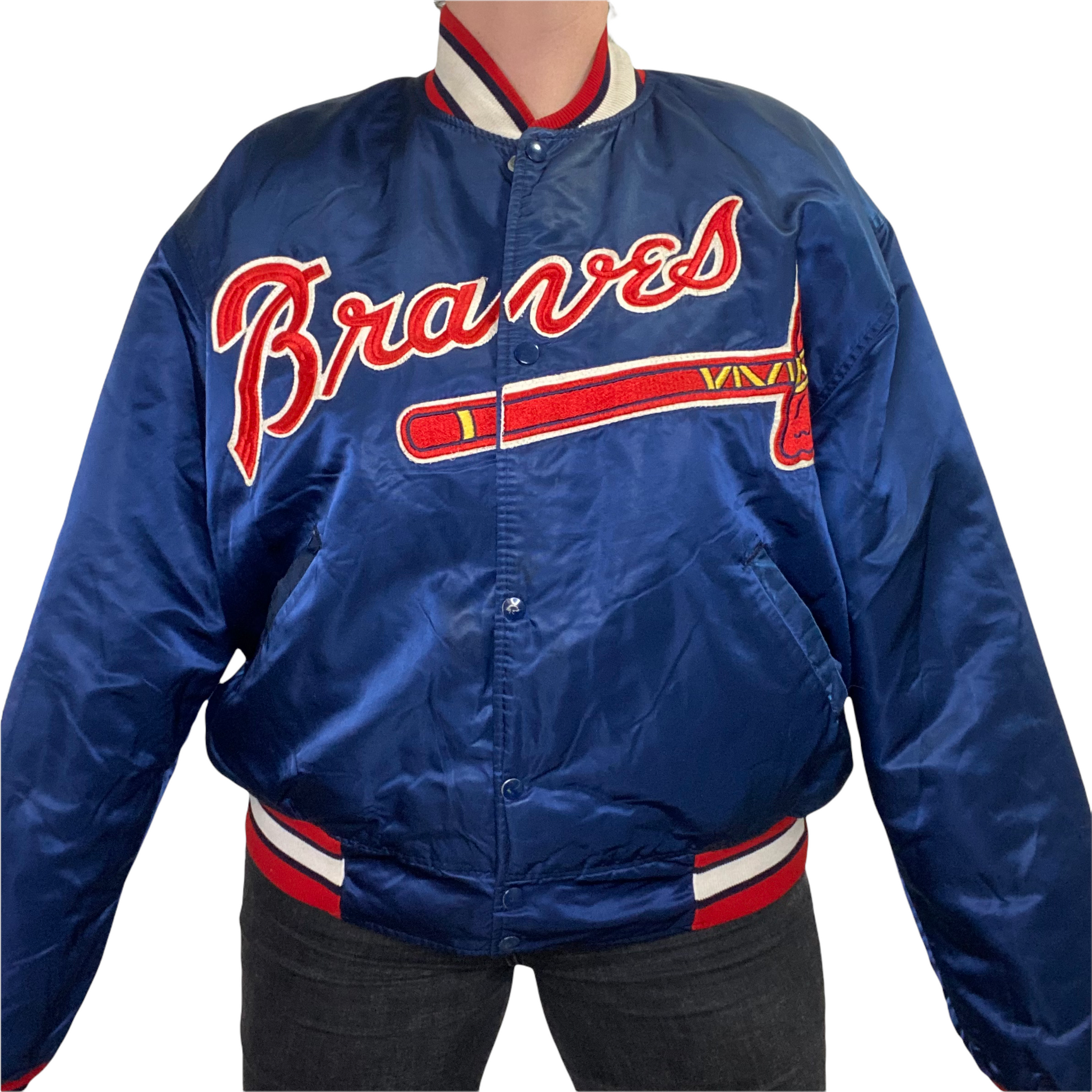 Vintage 1980s Atlanta Braves Satin Bomber Starter Jacket SPELL OUT 