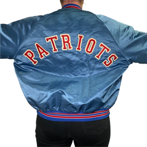 Vintage 1980s New England Patriots Old Logo Chalk Line Satin Bomber Jacket SPELL OUT - L