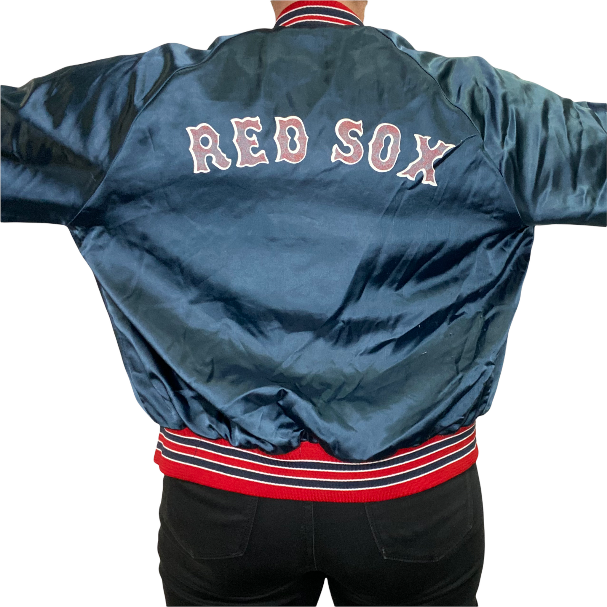 Vintage Boston Red Sox Navy Blue Satin Bomber Jacket Size L NEW