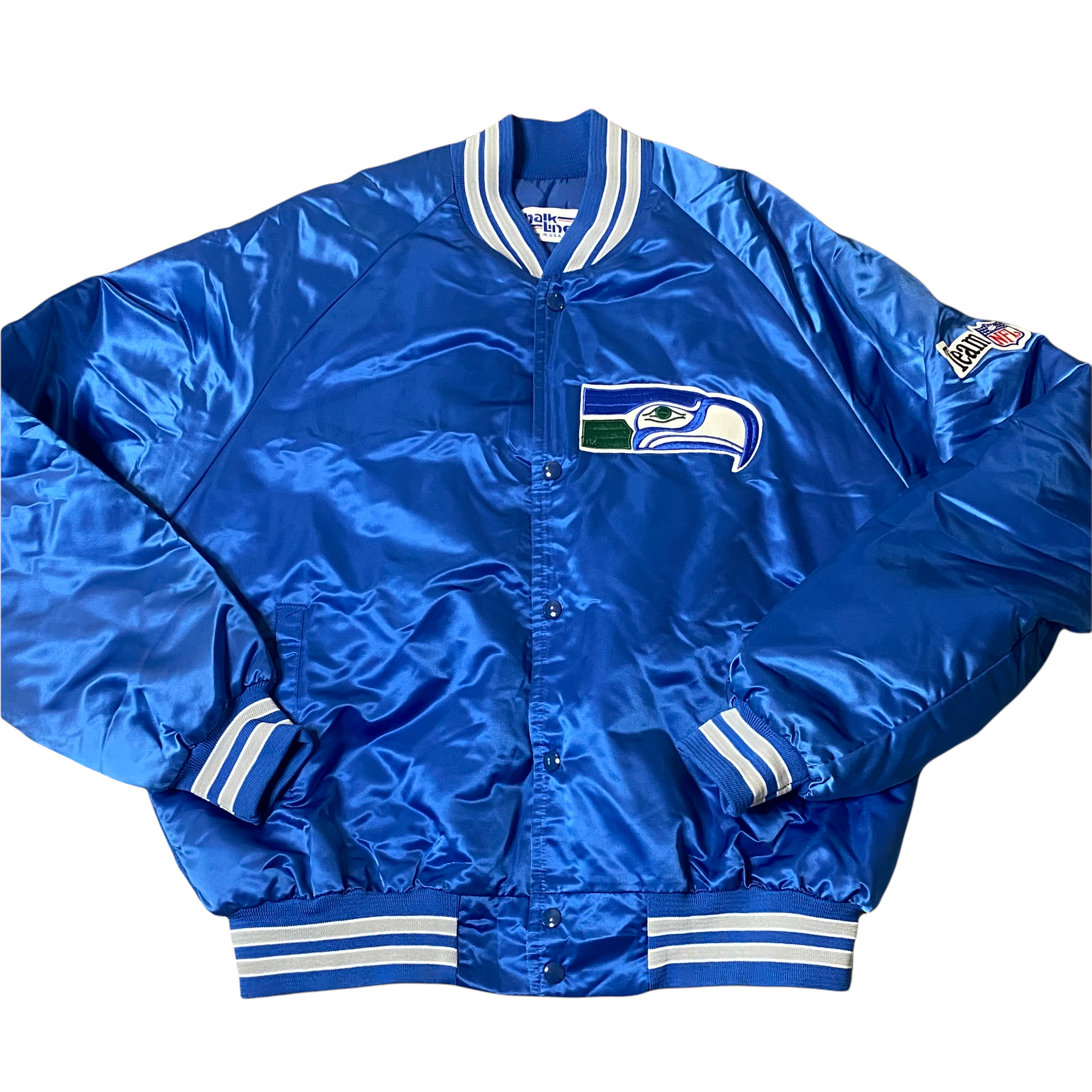 Vintage 1980s Seattle Seahawks Old Logo Chalk Line Satin Bomber