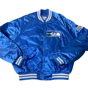 Vintage 1980s Seattle Seahawks Old Logo Chalk Line Satin Bomber Jacket - XL