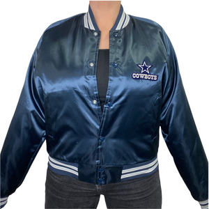 Vintage 1980s Dallas Cowboys Chalk Line Satin Bomber Jacket - L