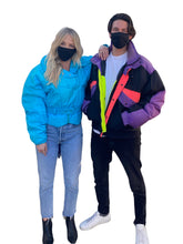 Load image into Gallery viewer, Vintage 80s Neon Bright Turquoise Ski &amp; Snow Jacket with Shoulder Pads! - Size Small