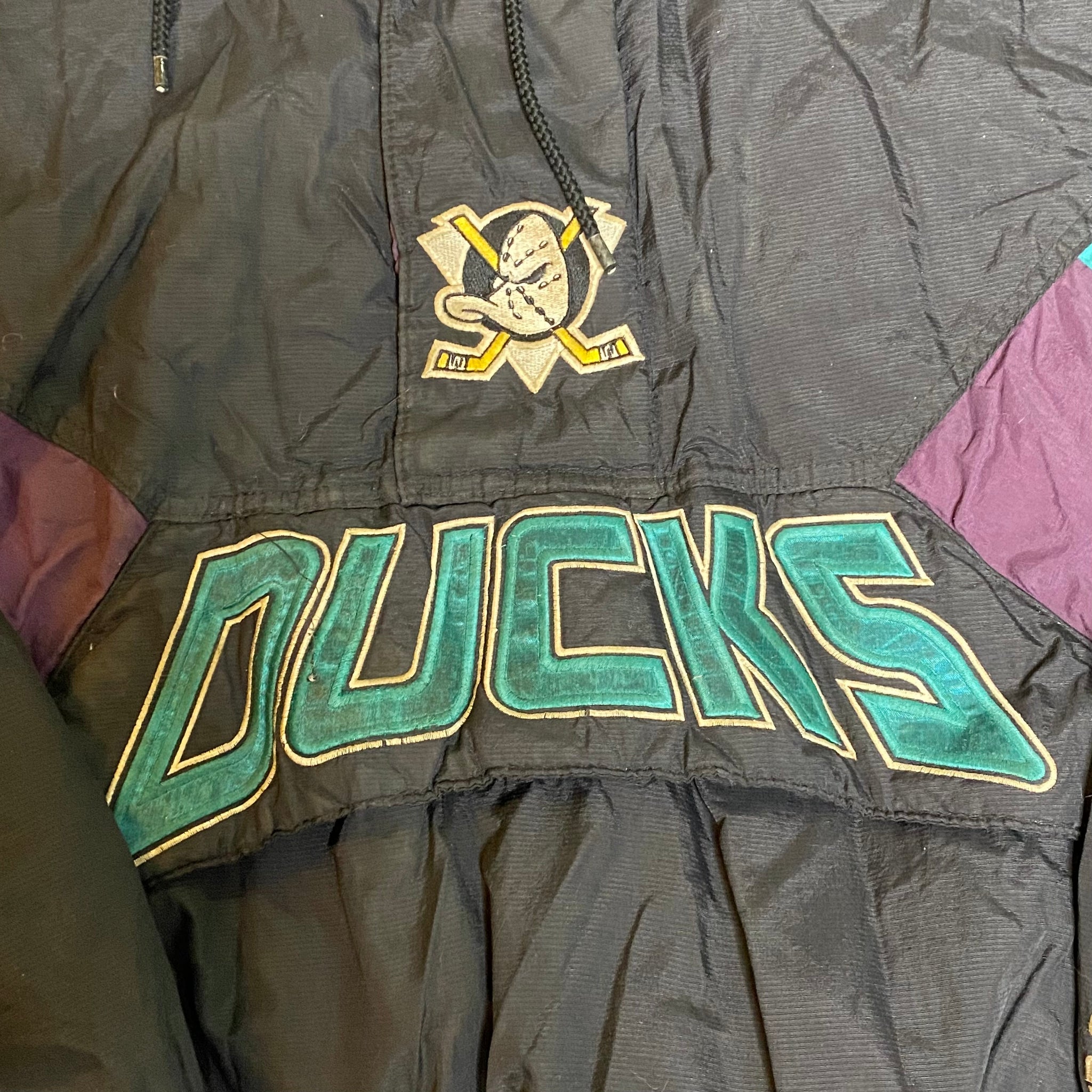 Vtg Rare NHL Anahiem Mighty Ducks Starter All Over Print Big Logo Jersey.  Mens L